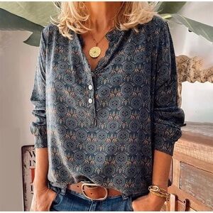 Misslook Womens Sz L Blue Teal Medallion Print Henley Popover Blouse Top